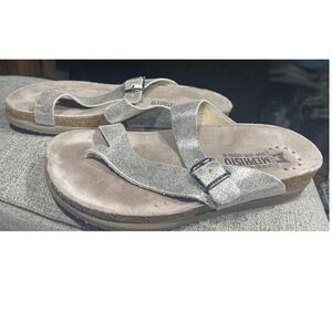 Mephisto Helen Silver Metallic Leather Cork Footbed Sandals Womens 39 France